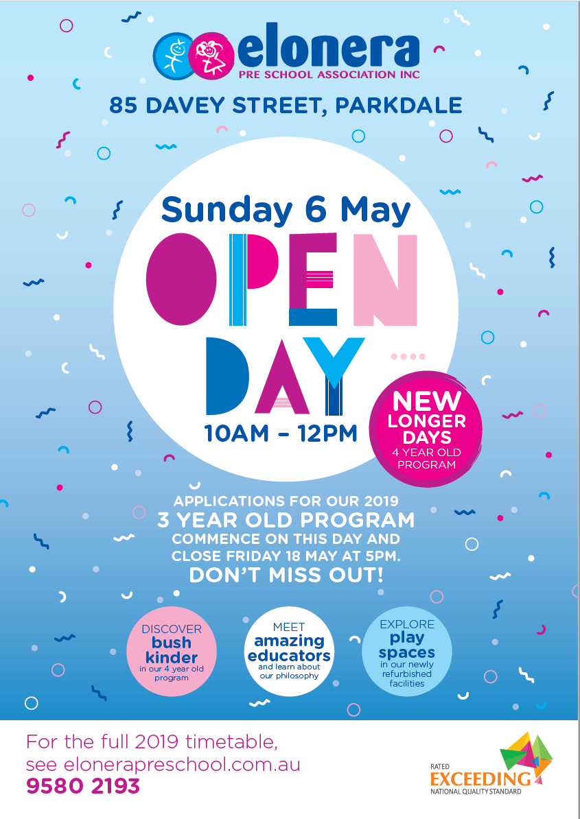 Open Day this Sunday 6 May ELONERA PRE SCHOOL Open Day this Sunday 6 May ELONERA PRE SCHOOL